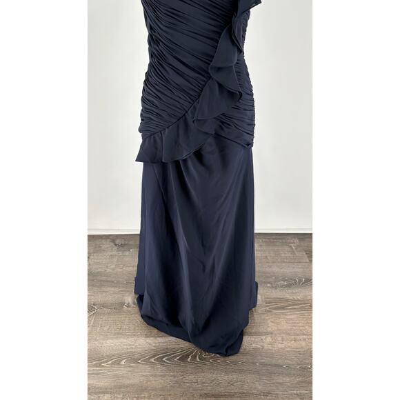 Andrew Adela Formal Evening Dress Womens Size 12/14 Chiffon Rosette Navy Blue - Picture 4 of 14